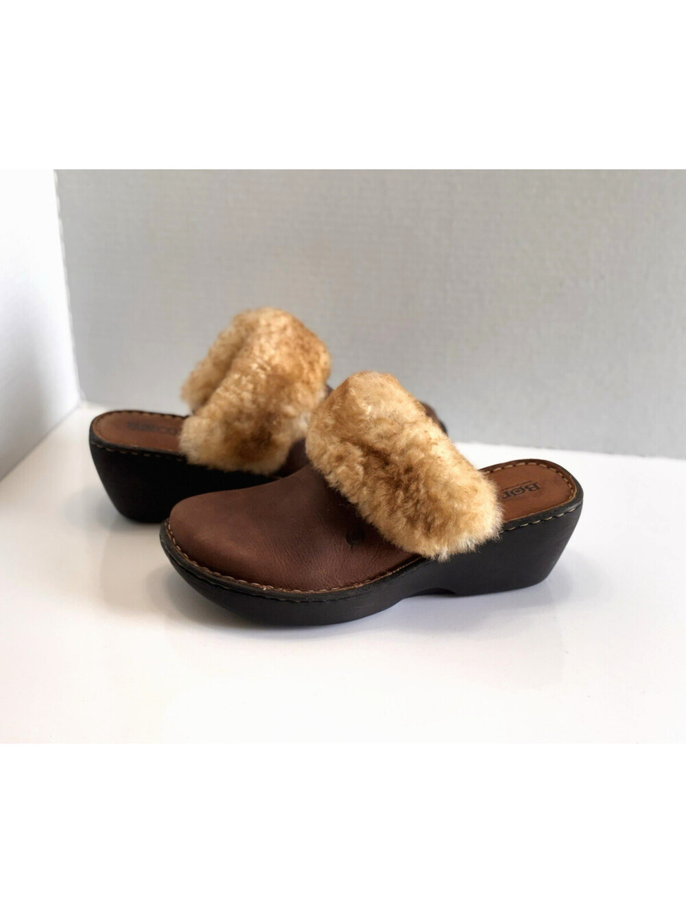 Born Clogs Women's 7.5 Brown Leather Shearling Trim Mules Comfort Wedge Slides